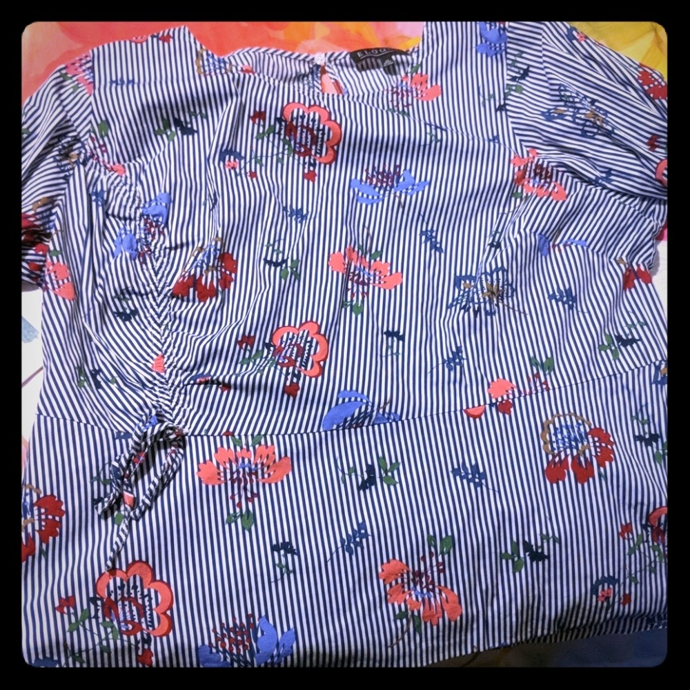 Eloquii long sleeve floral pinstripe blouse